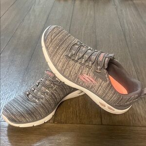 Skechers Gray and Pink Relaxed Fit Sneakers with Knit Upper